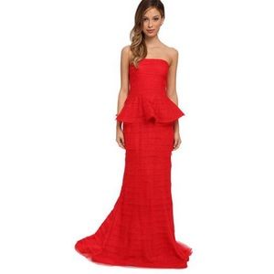 NWT ADRIANA PAPELL RED SHUTTER PLEAT MESH PEPLUM GOWN IN RED, SIZE 14